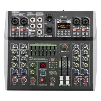 מיקסר אודיו SW AM-AX6 – 6 ערוצים, Bluetooth, USB, 99 אפקטים DSP וכוח פנטום 48V