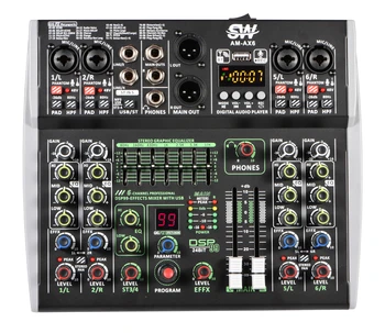 מיקסר לרמקול אודיו SW AM-AX6 – 6 ערוצים, Bluetooth, USB, 99 אפקטים DSP וכוח פנטום 48V פודקאסט והקלטה