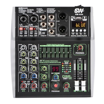 מיקסר לרמקול אודיו SW AM-AX4 –4 ערוצים, Bluetooth, USB, 99 אפקטים DSP וכוח פנטום 48V פודקאסט והקלטה